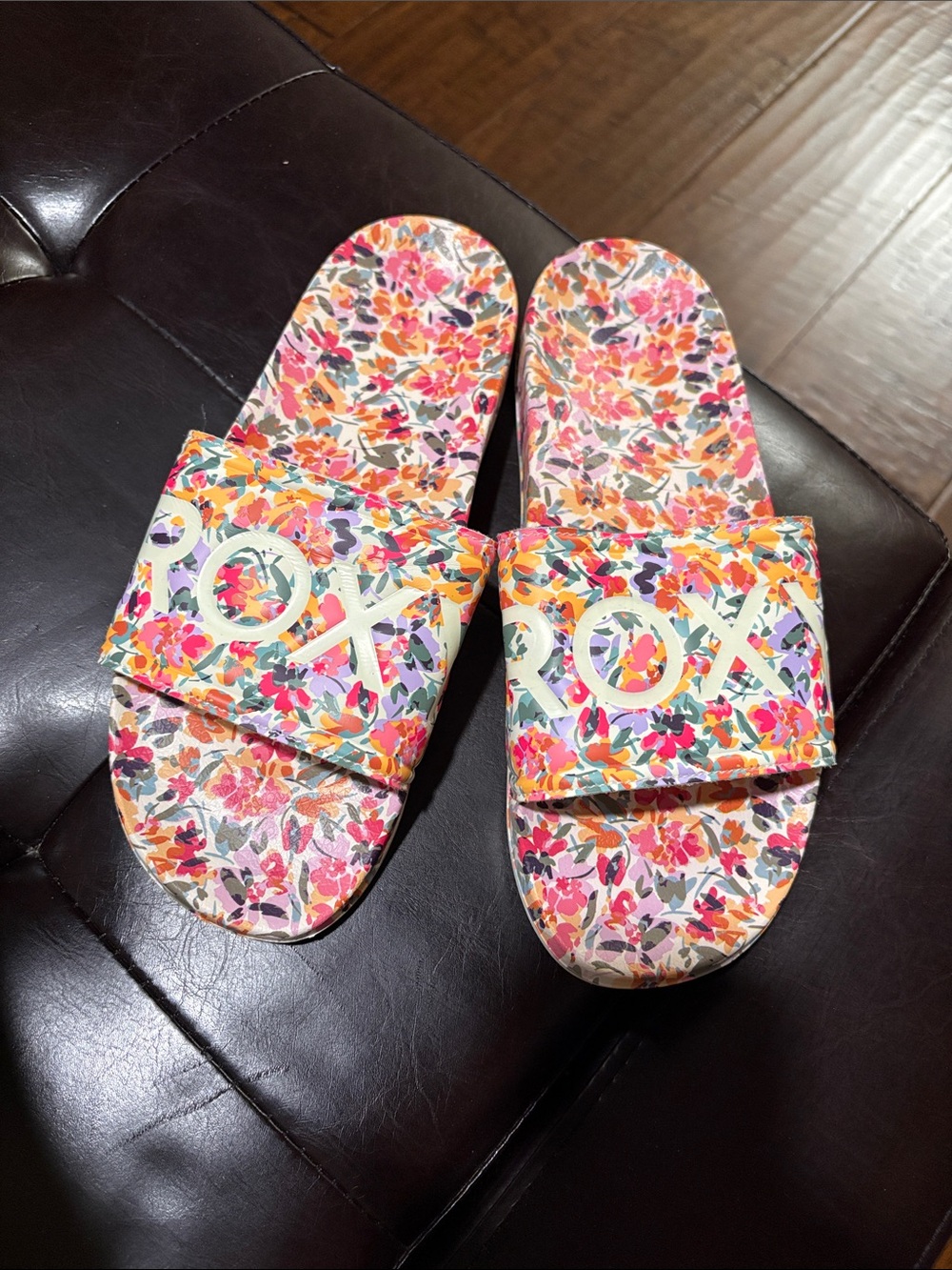Roxy  Floral Slide Sandals in Pink, Orange, Yellow